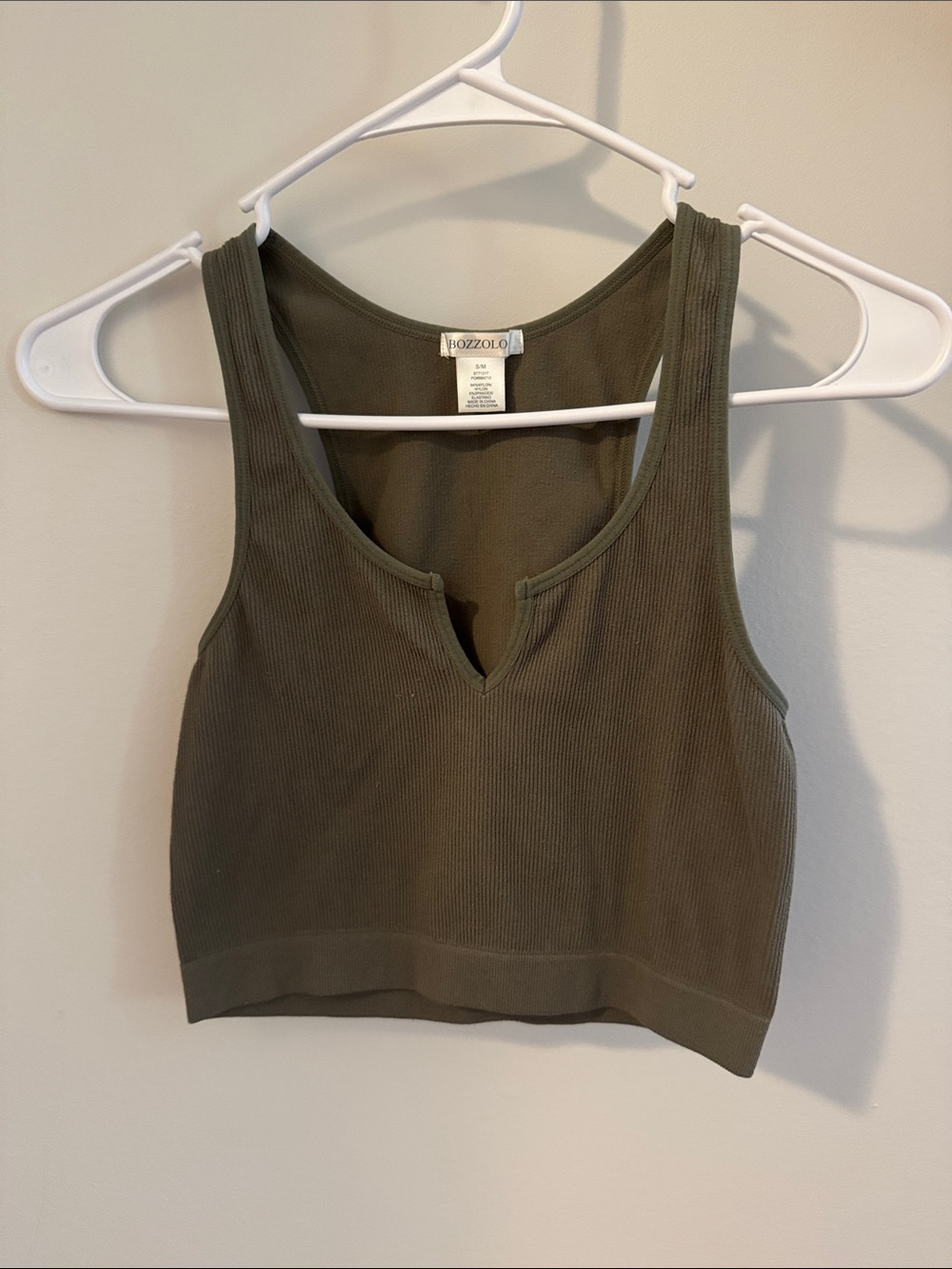 Bozzolo Olive Ribbed Notch-Neck Cropped Tank